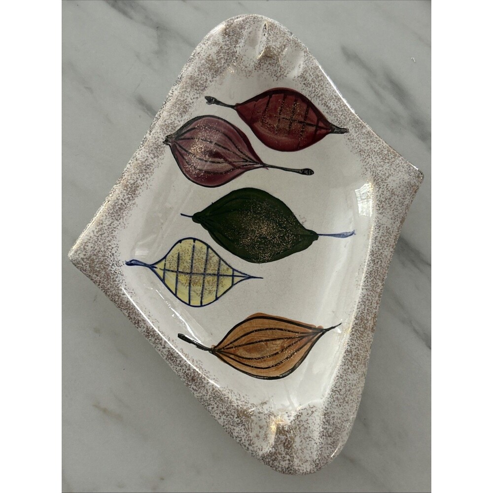 MCM Retro Ashtray Catchall Bowl Ceramic Abstract Painted Leaves Atomic 12”